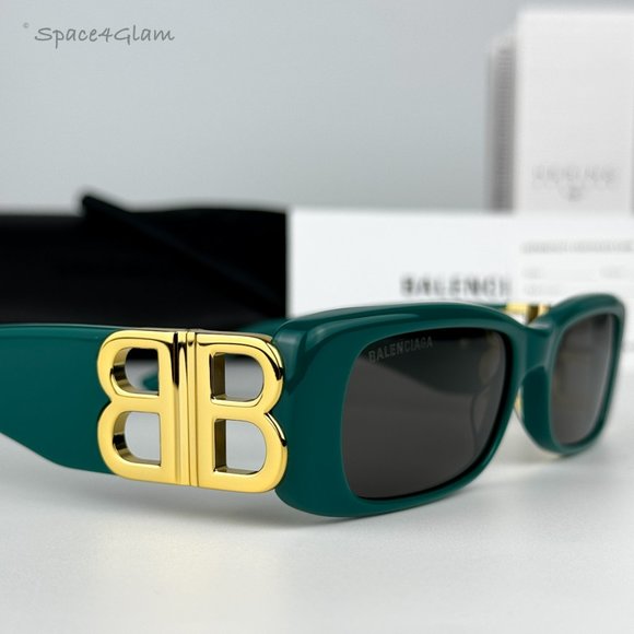 NEW Balenciaga BB0096S 006 Green Gold Logo Grey Rectangle Unisex Sunglasses - Picture 6 of 14